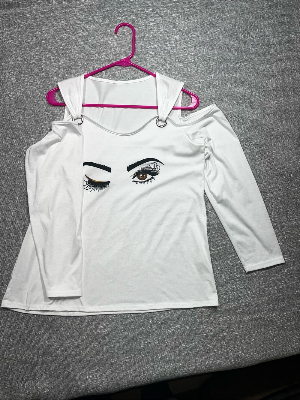 White Cold-Shoulder Graphic Top with Eye Print